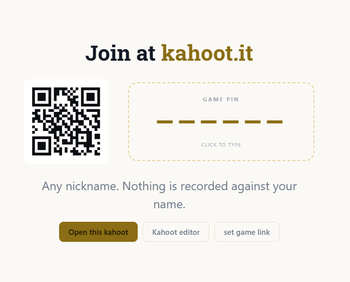 Kahoot join screen with QR code and game PIN